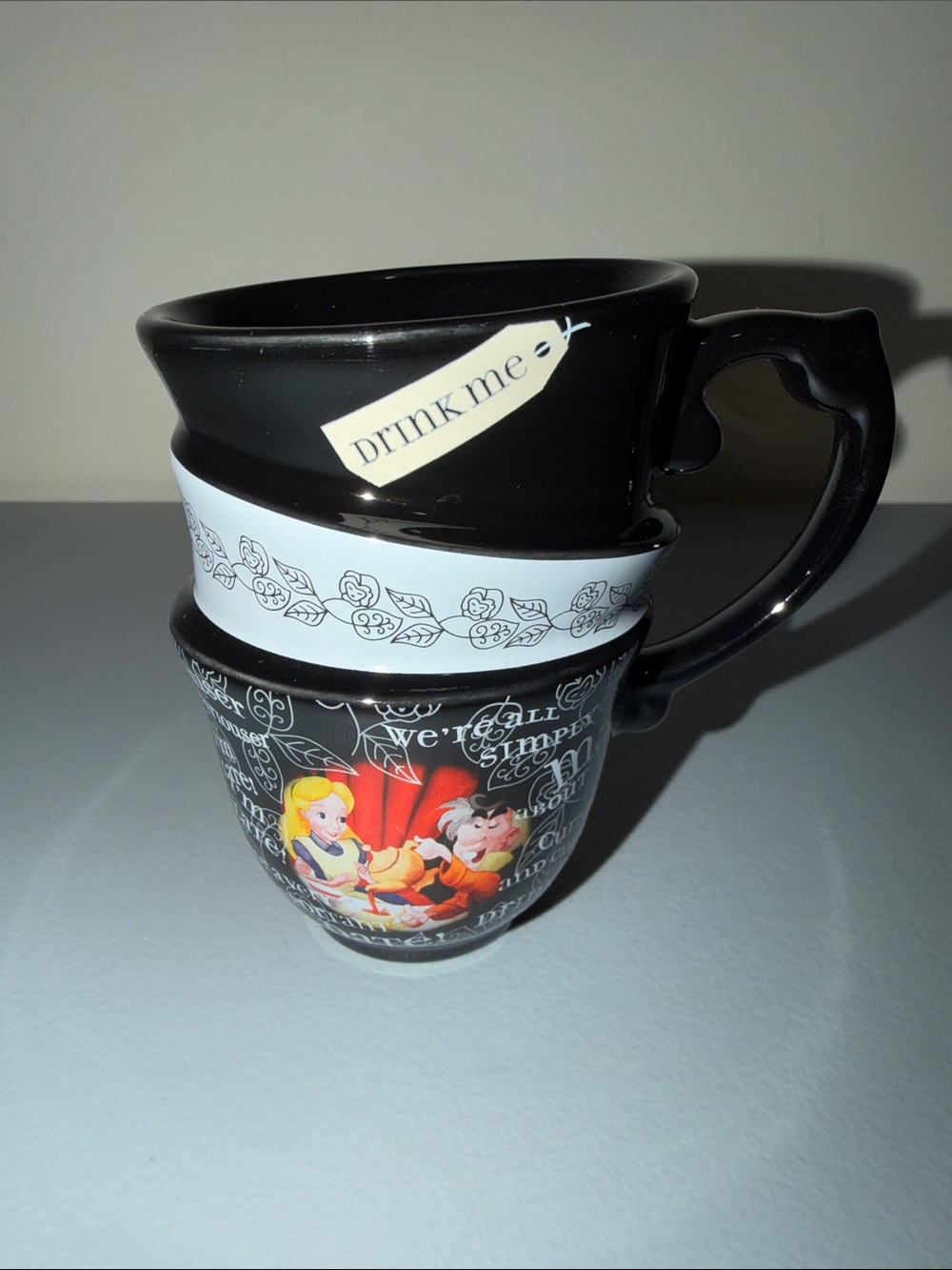 RETIRED Disney Black White Alice in Wonderland 'Drink Me' Stacked Ceramic Mug